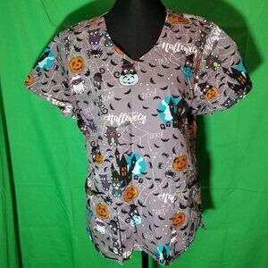 ZOE + CHLOE Size Large Halloween Scrub Top Style# Z12202 Nurse Hospital Bat Cat